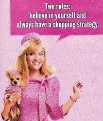 ad from movie magazine, woman in pink with pet dog says Two Rules: believe in yourself and always have a shopping strategy